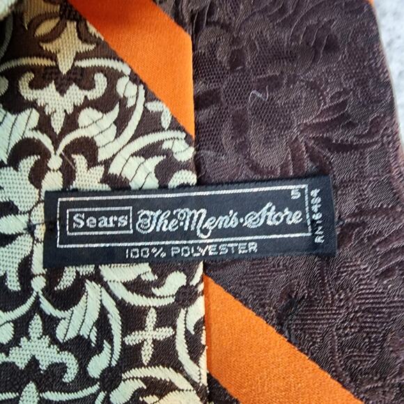 Sears Mens Shop Floral Striped Print Brown Orange Necktie 70s Vintage - Picture 4 of 6